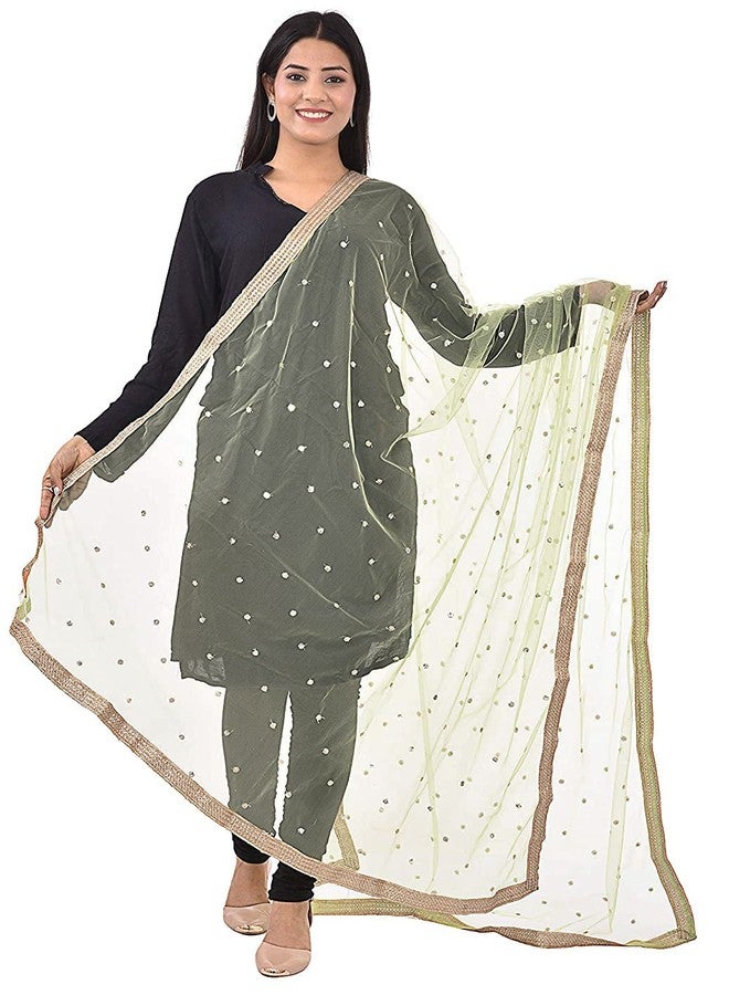 themilestocks Woman's Embellished Net Dupatta Scarf Shawl Wrap Soft Indian Bridal Wedding (Sage), 87 X 44 Inch - Image 1